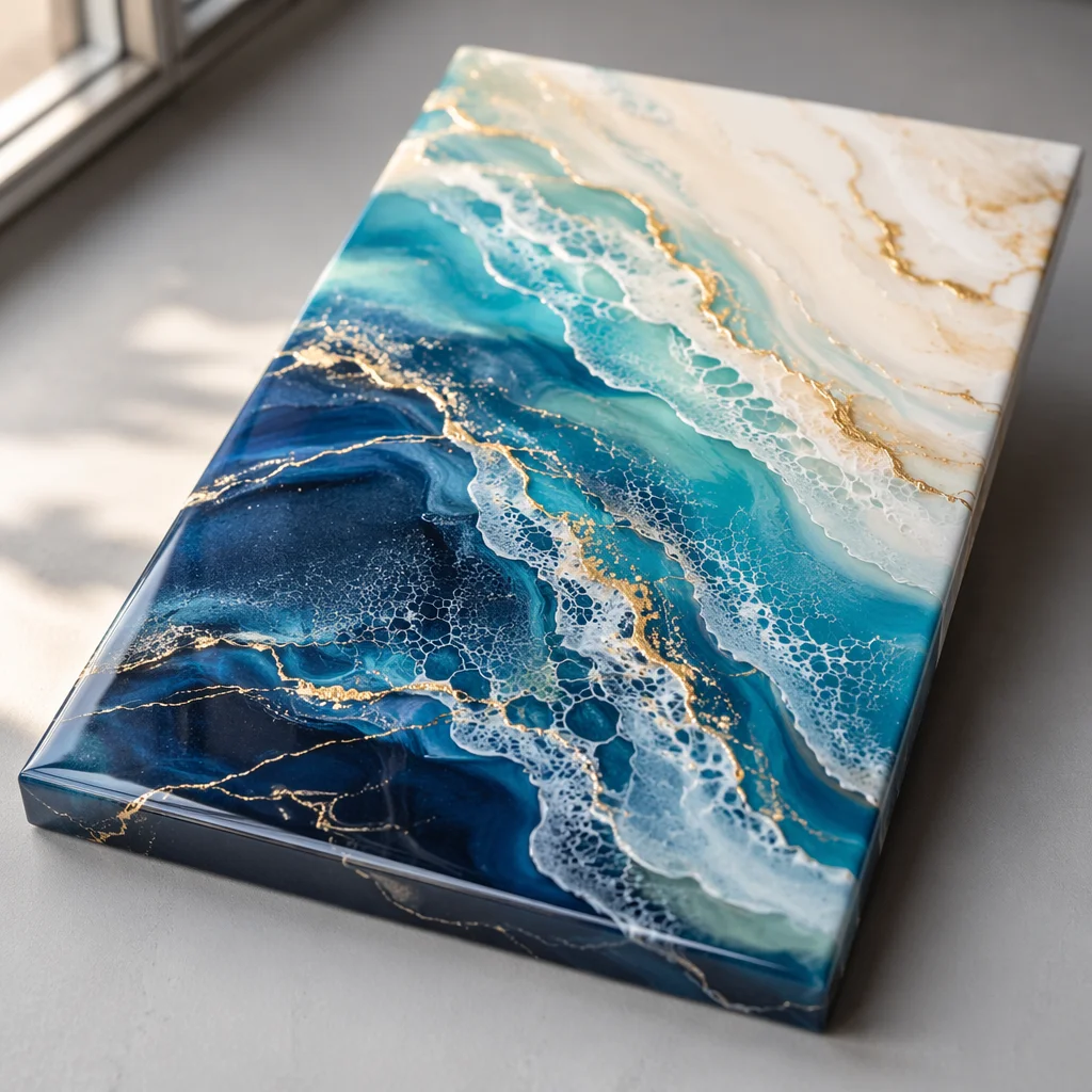 Ocean Wave Resin Art in Blue Teal Gold