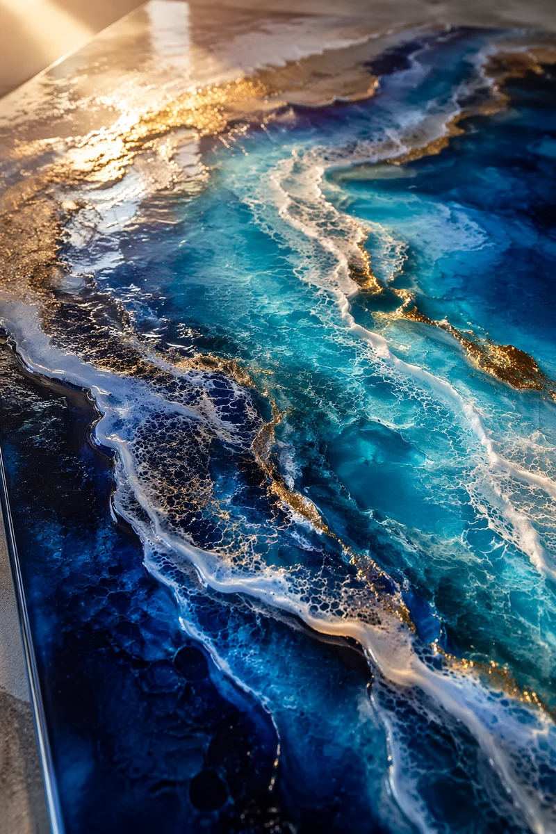 Blue Teal Gold Resin Ocean Waves