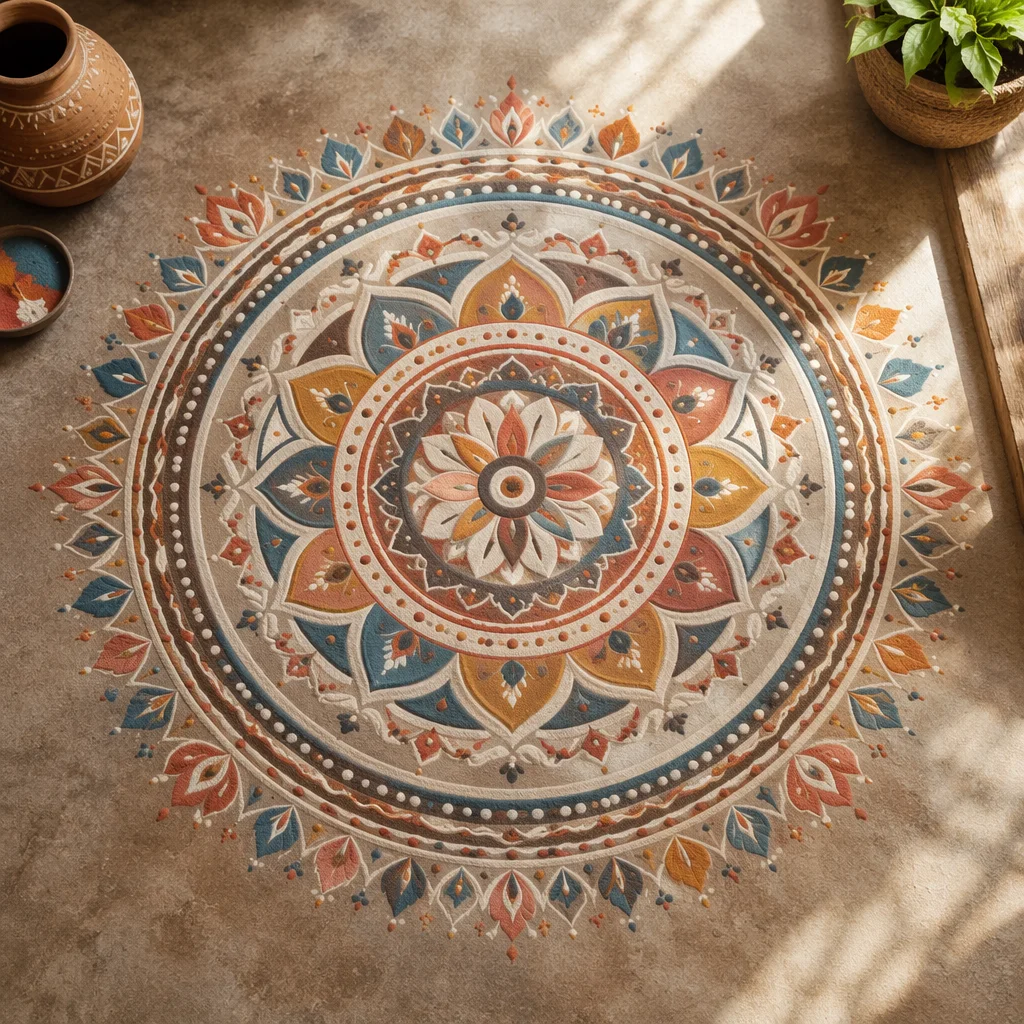 Symmetric Sand Art Mandala on Stone
