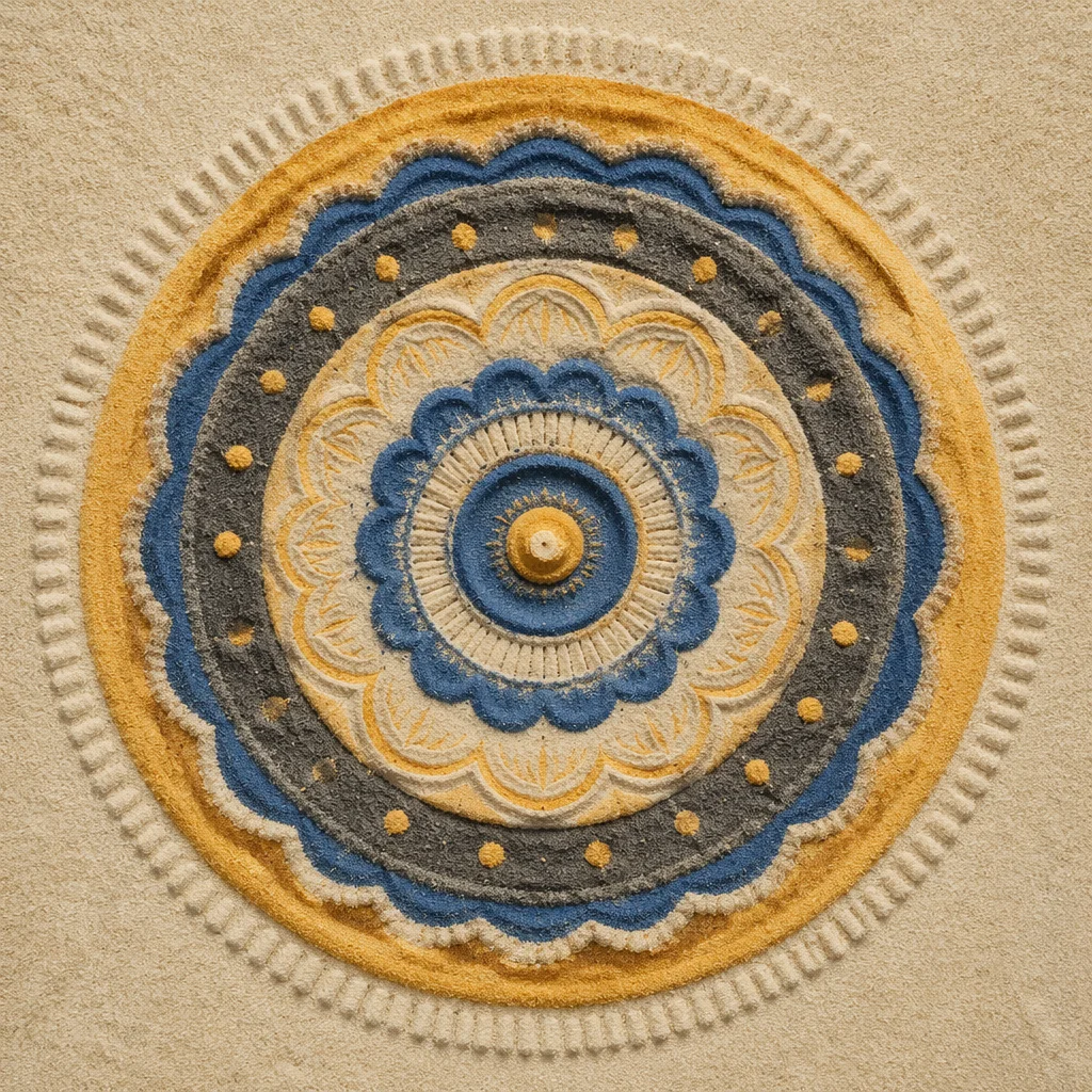 Symmetrical Sand Mandala on Beach Surface