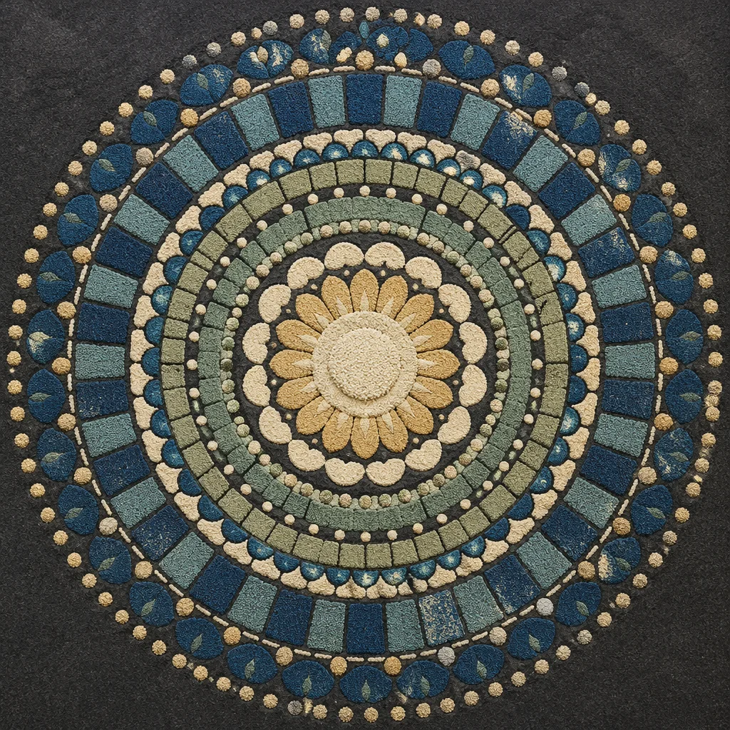 Symmetrical Sand Art Mandala on Dark Surface