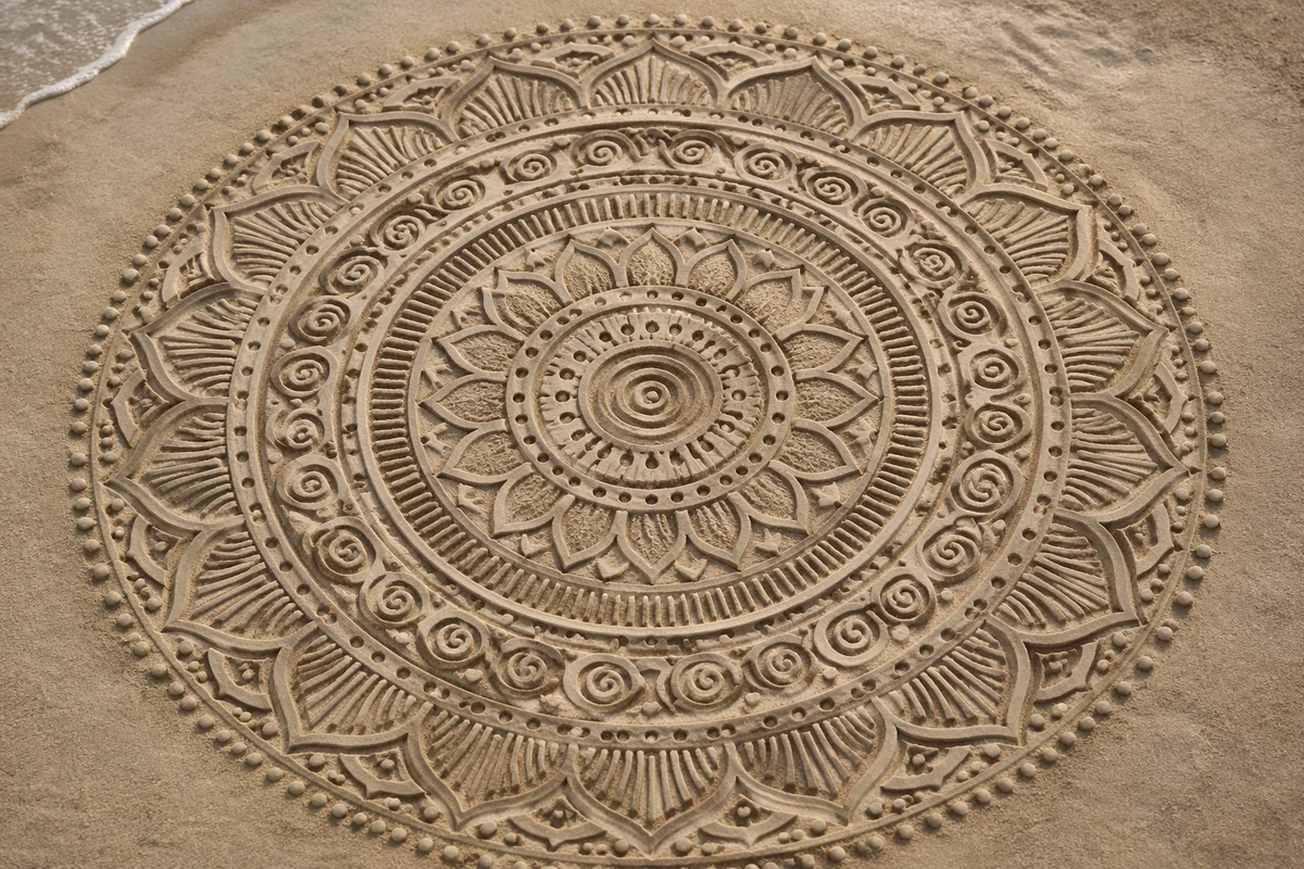 Symmetrical Sand Mandala on Beach Surface