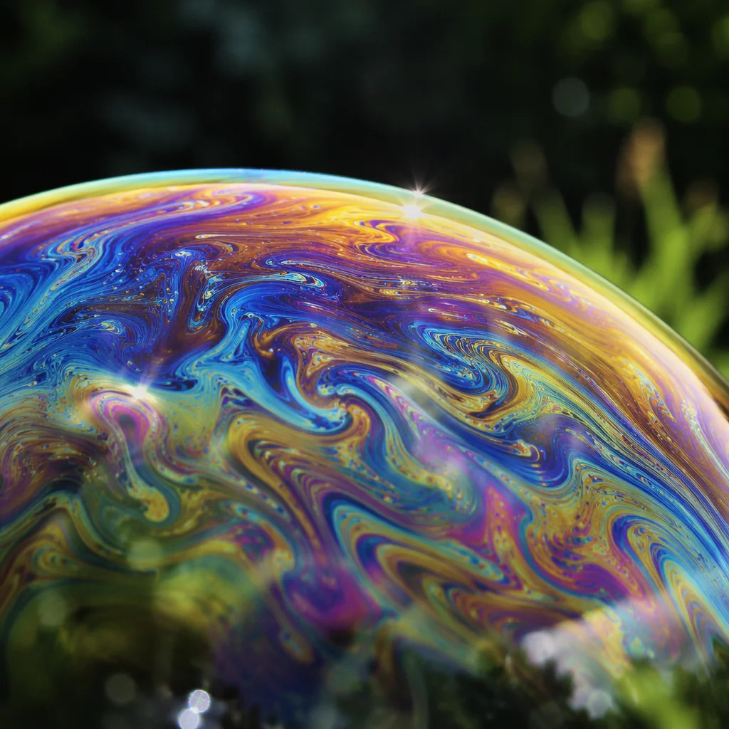 Iridescent Soap Bubble Macro in Garden Light