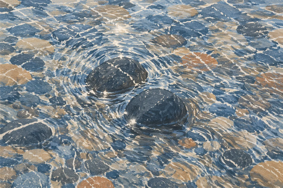 Meditative Water Ripple Interference Over Stones