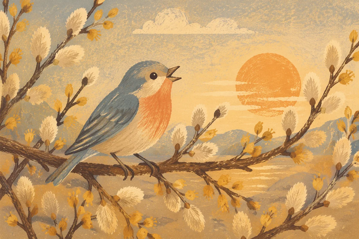Singing Songbird on Spring Willow Branch