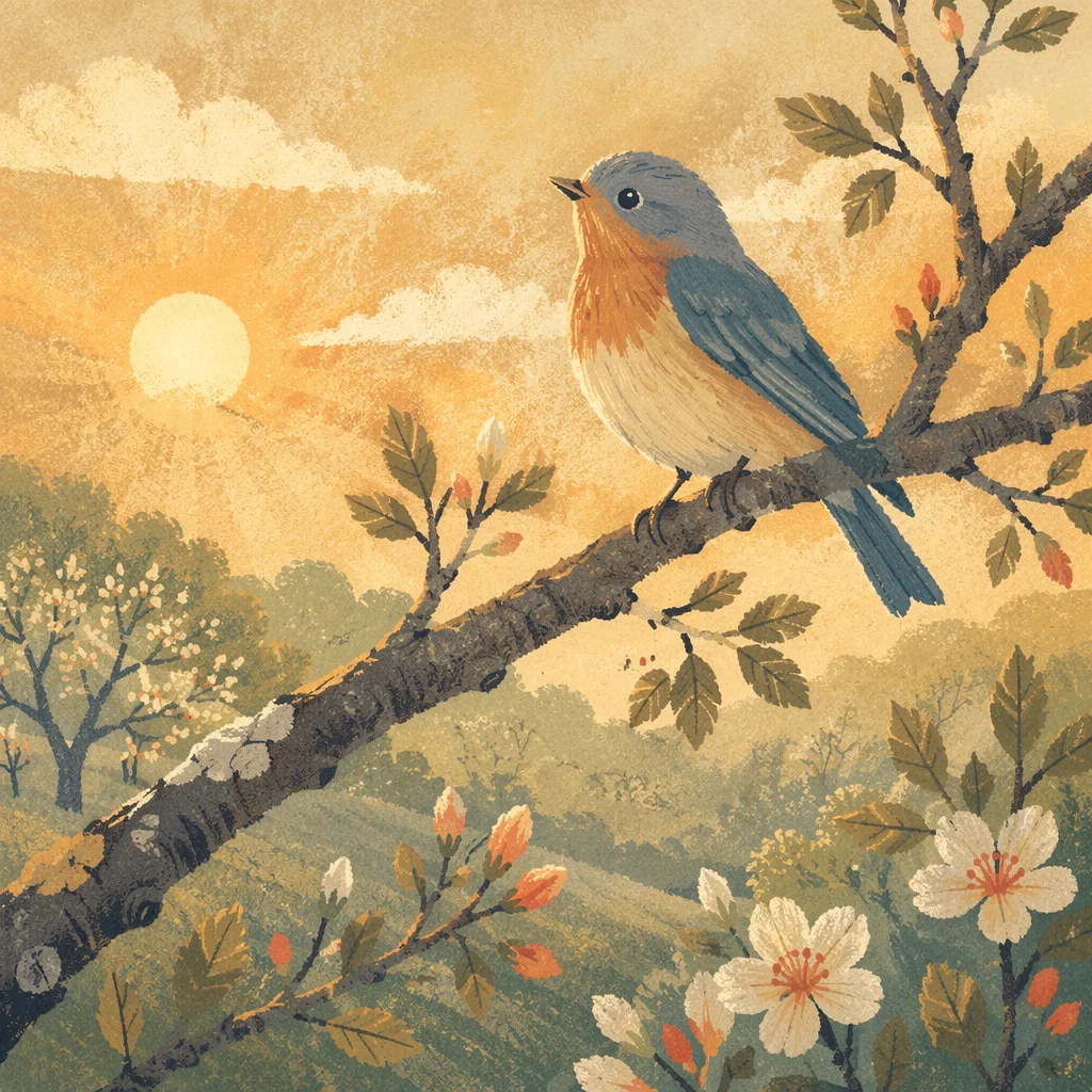 Tiny Songbird on Spring Orchard Branch