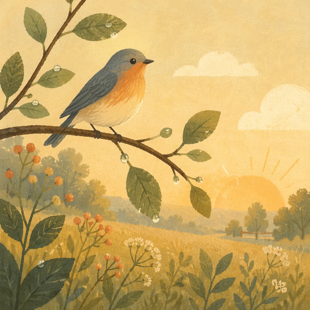 Small Songbird on Morning Hedgerow Branch