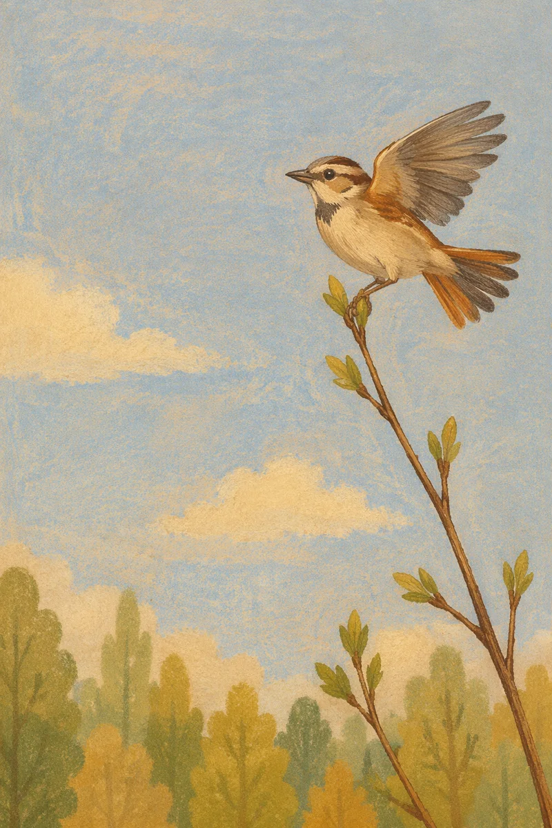 Small Songbird Balancing on Budding Branch