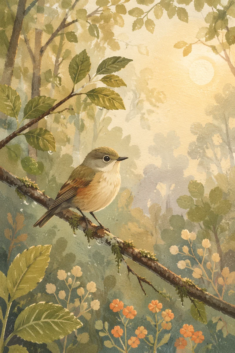 Peaceful Songbird on Mossy Spring Branch