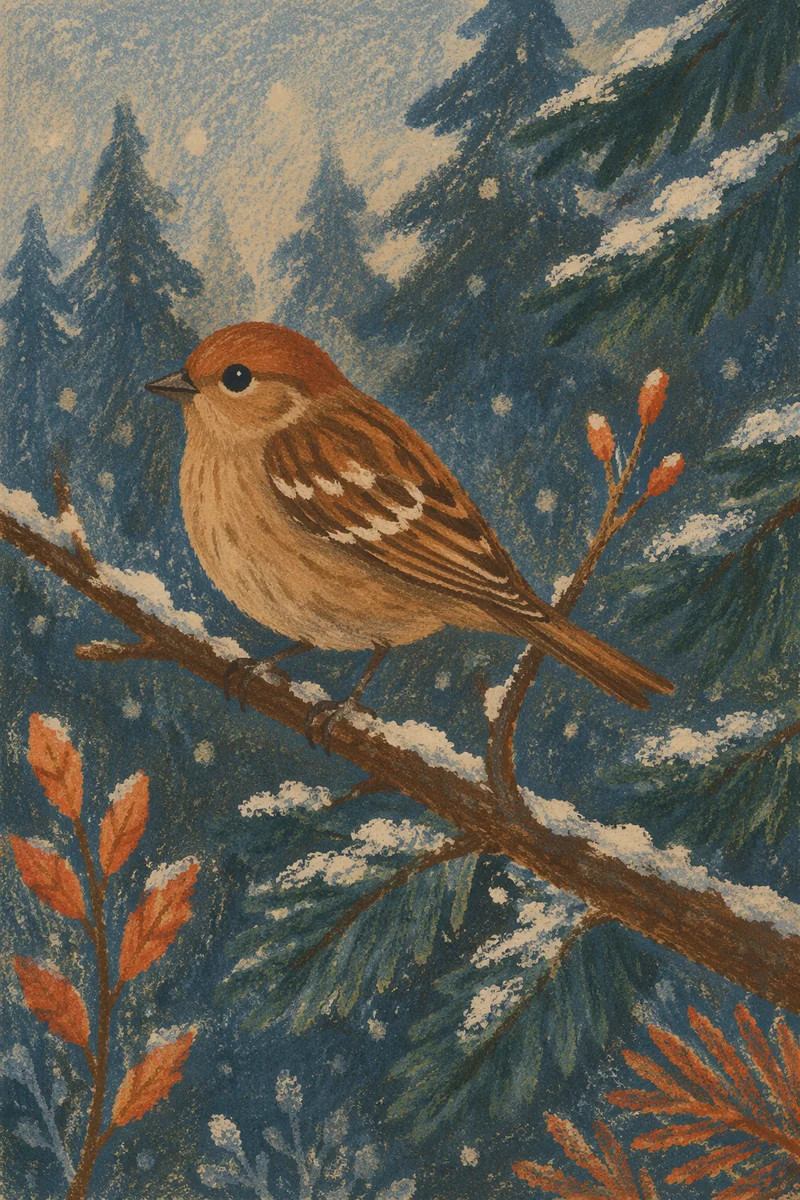 Winter Songbird on Snowy Evergreen Branch