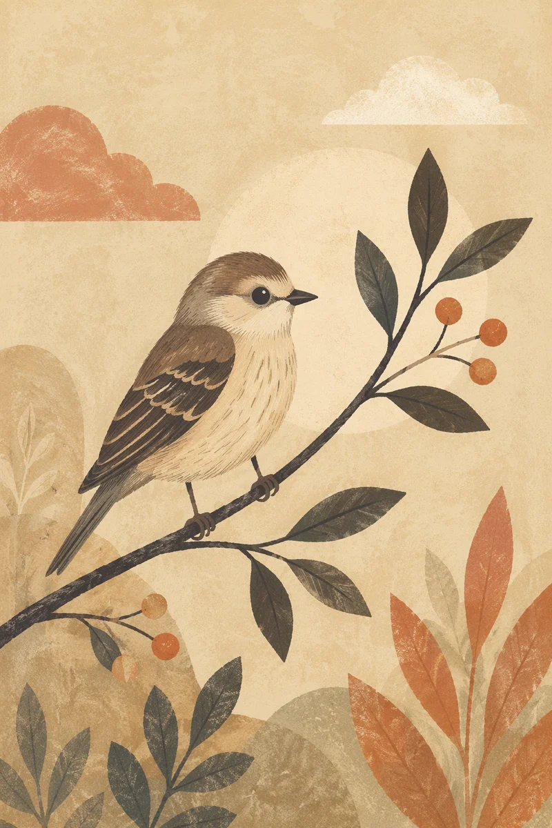 Small Songbird on Leafy Branch