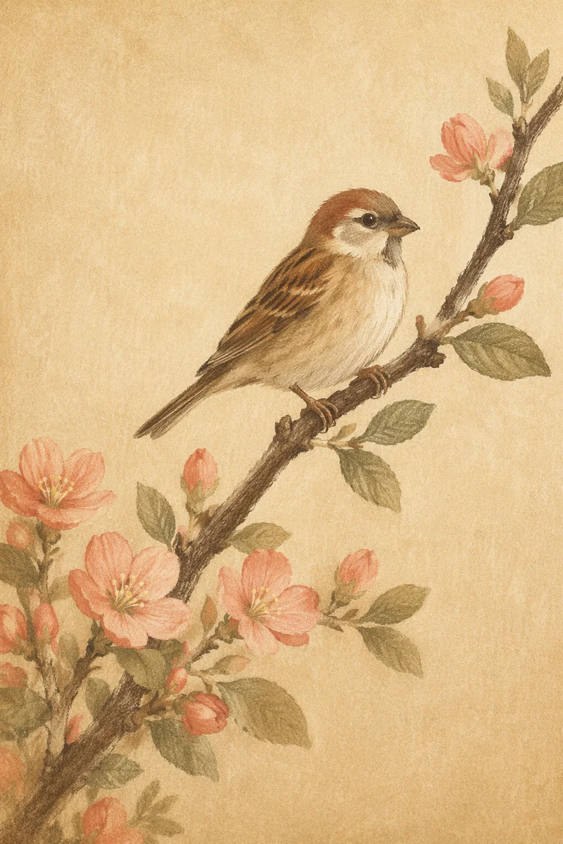 Small Songbird on Dusty Rose Branch