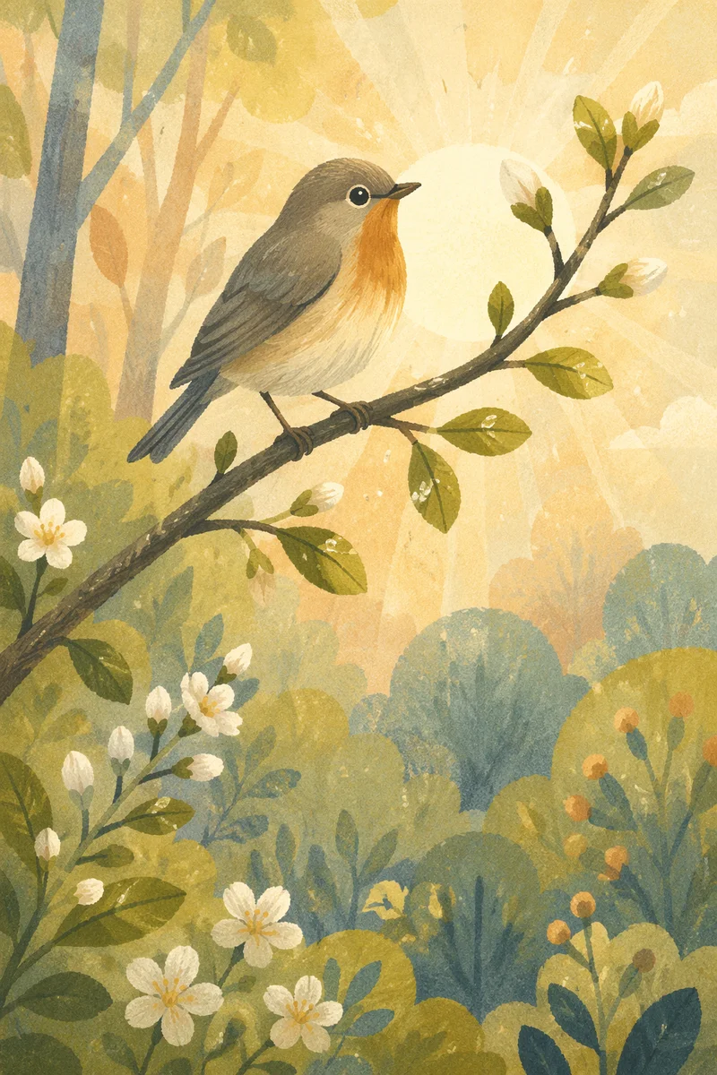 Small Songbird on Spring Budding Branch