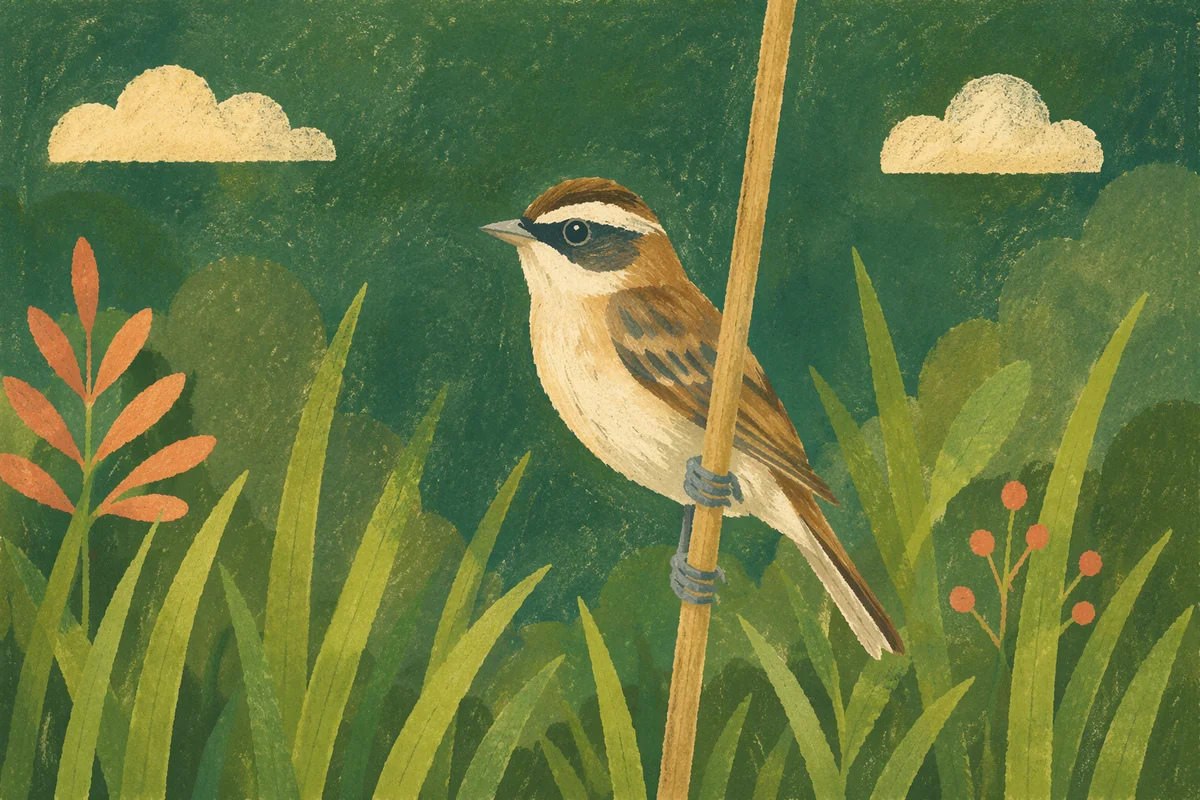 Small Songbird on Reed in Wetland Meadow