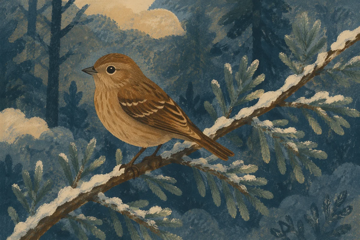 Small Brown Songbird on Snowy Branch