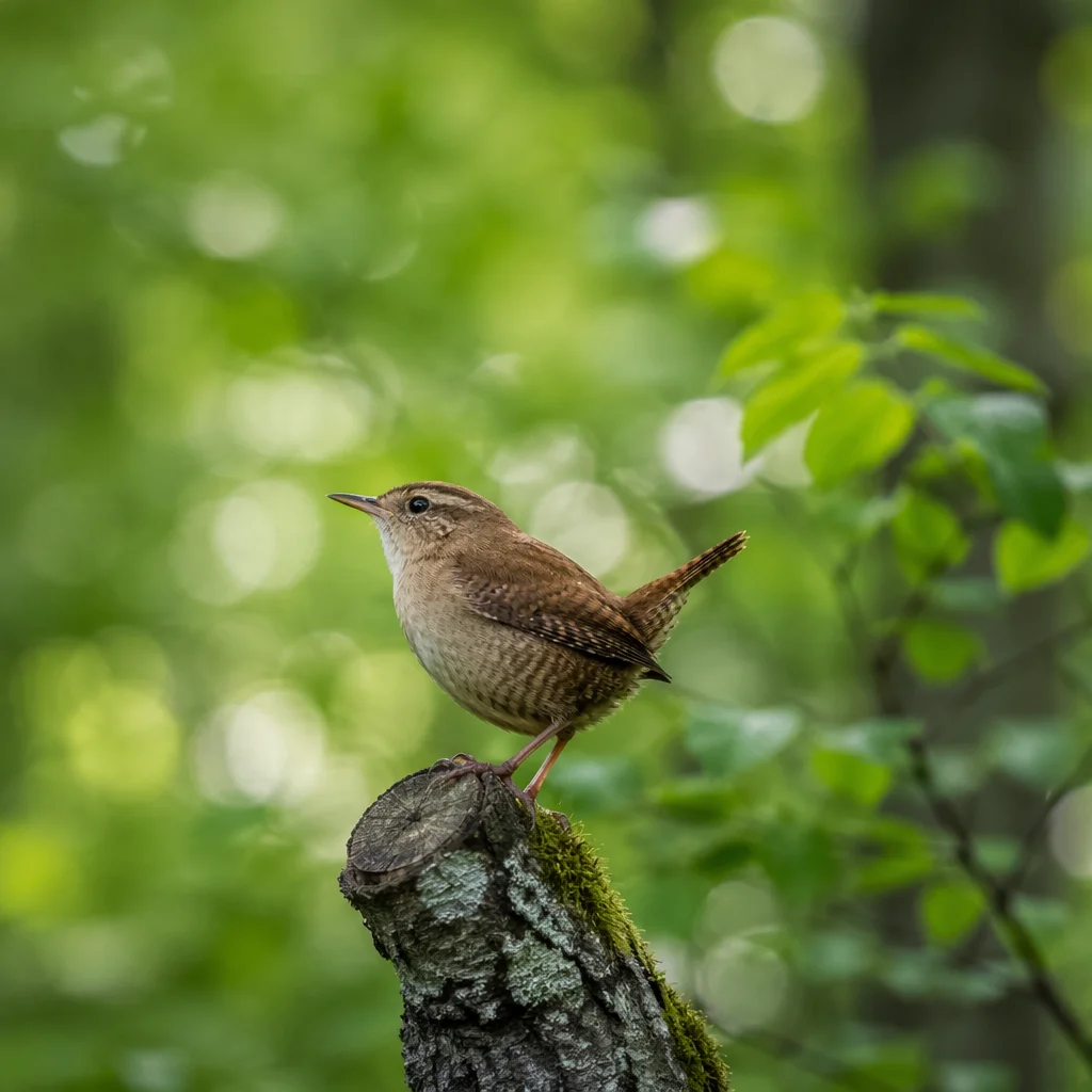 Small Brown Songbird on Mossy Branch