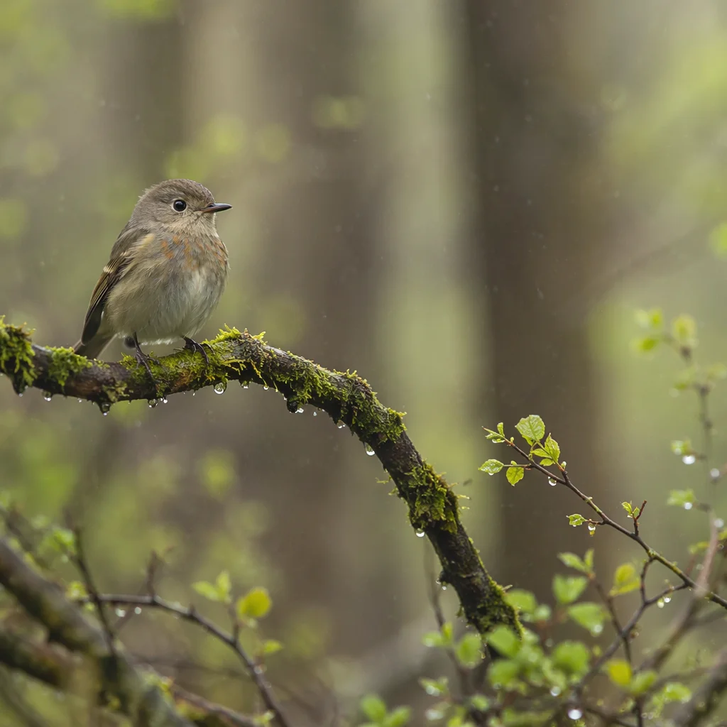 Tiny Songbird on Mossy Woodland Branch