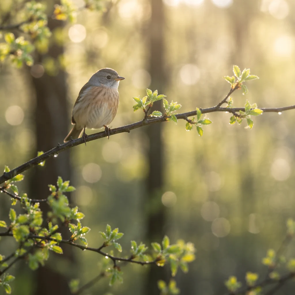 Small Songbird on Spring Woodland Branch
