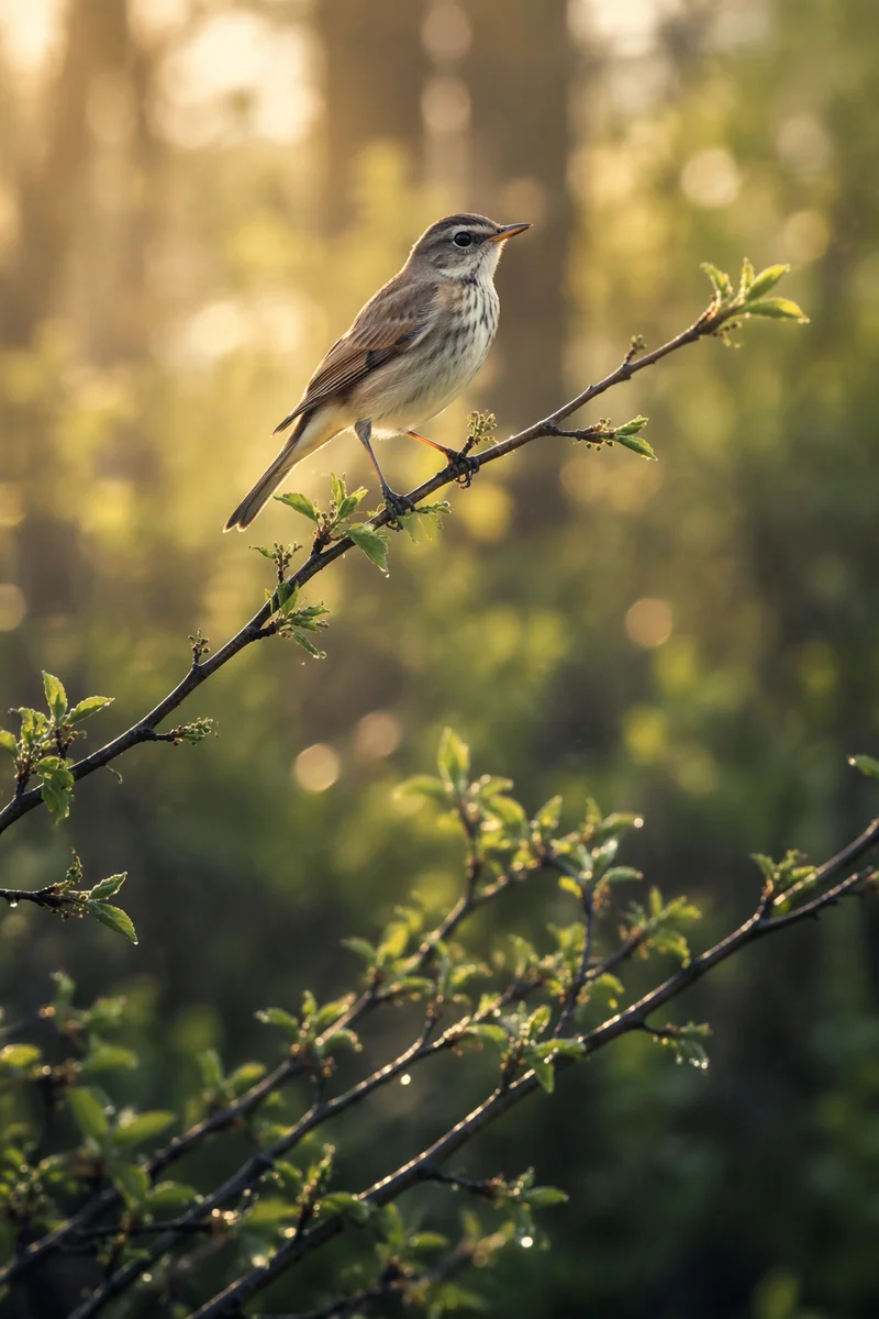 Small Songbird on Spring Budding Branch