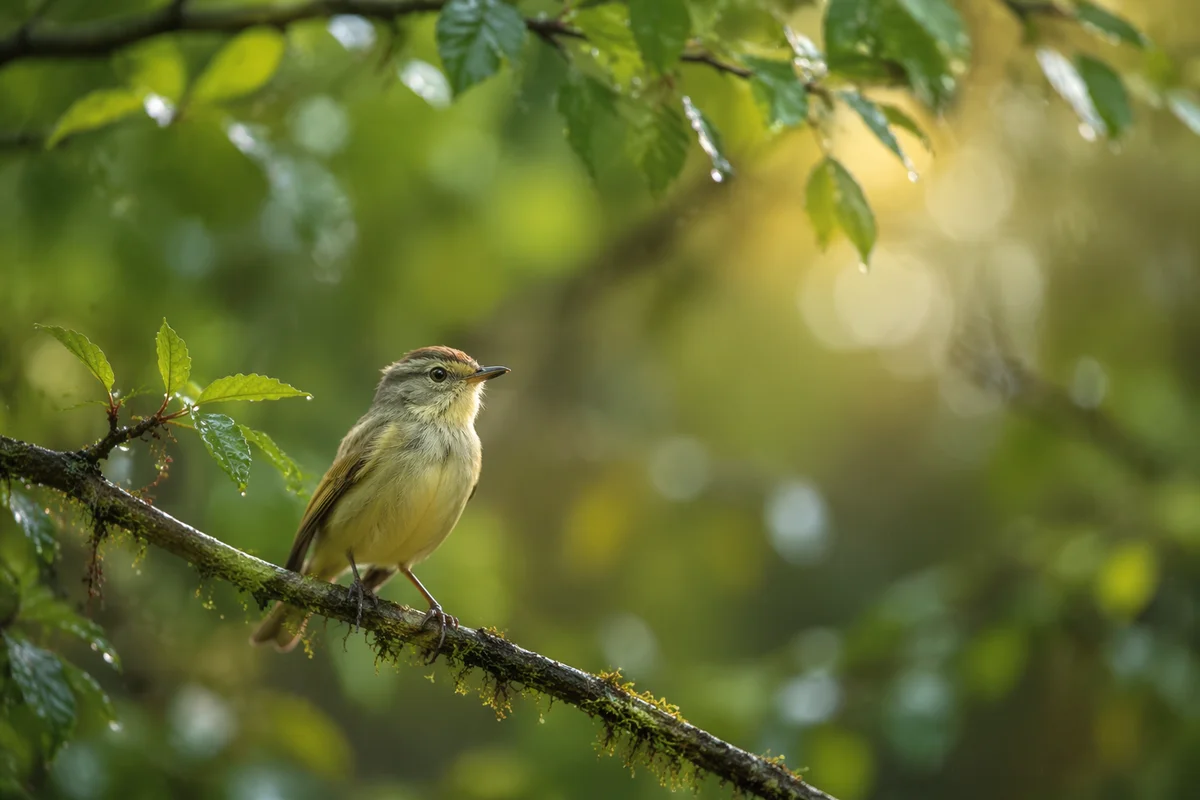 Peaceful Songbird on Mossy Woodland Branch