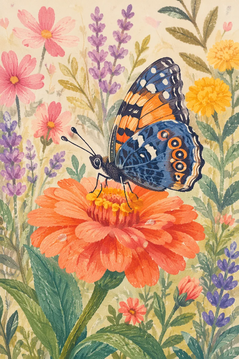 Colorful Butterfly Resting on Garden Zinnia