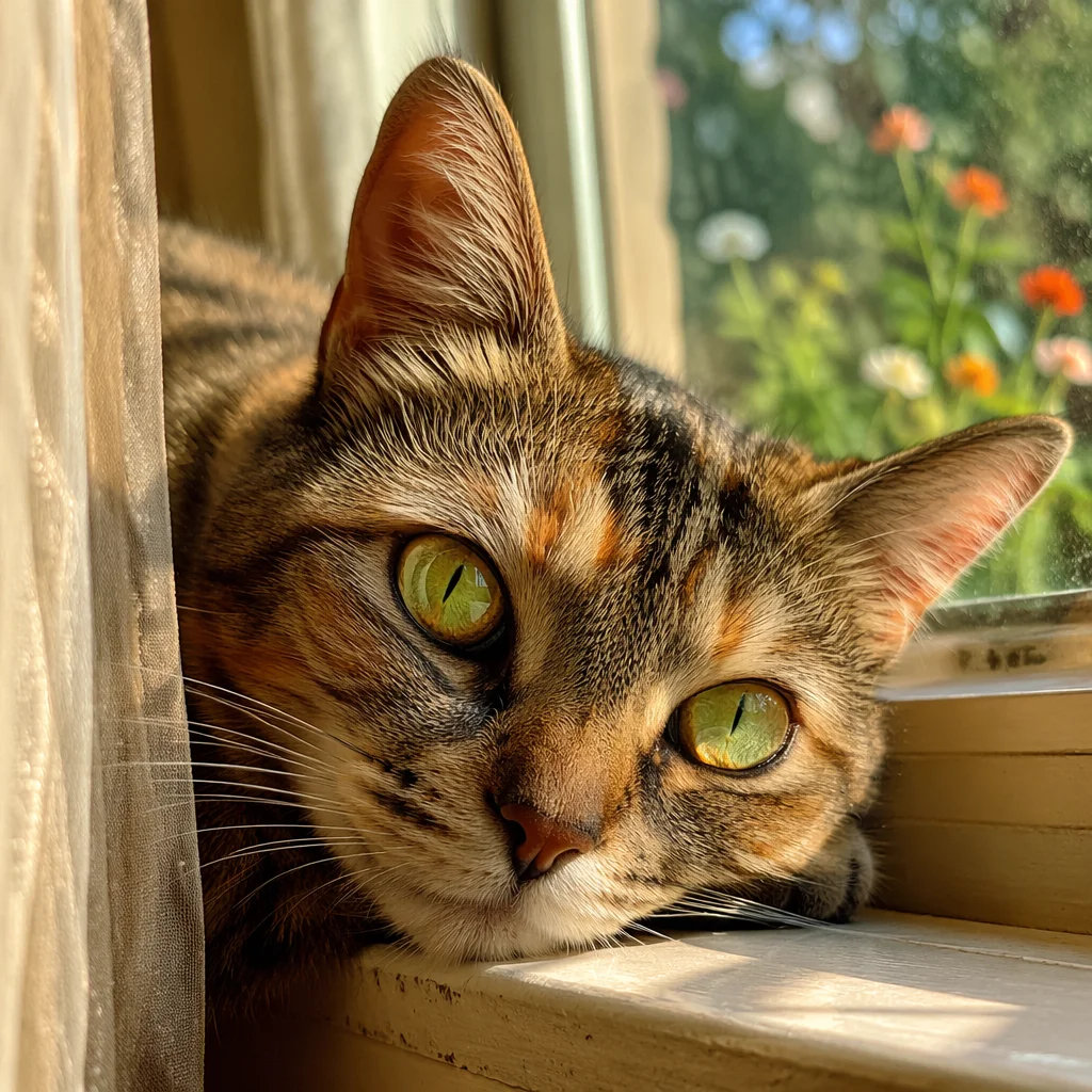 Sunlit Cat Portrait With Green Gold Eyes
