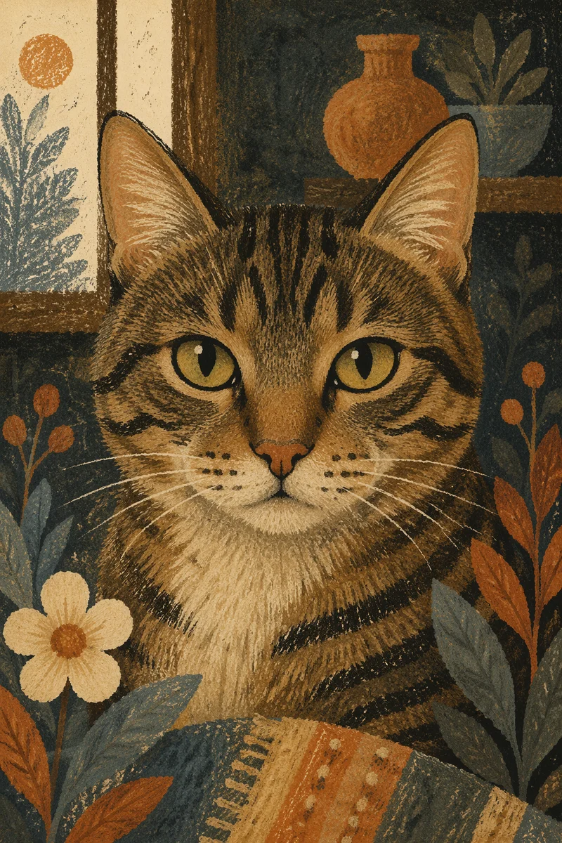 Calm Tabby Cat Green Eyes Close Up