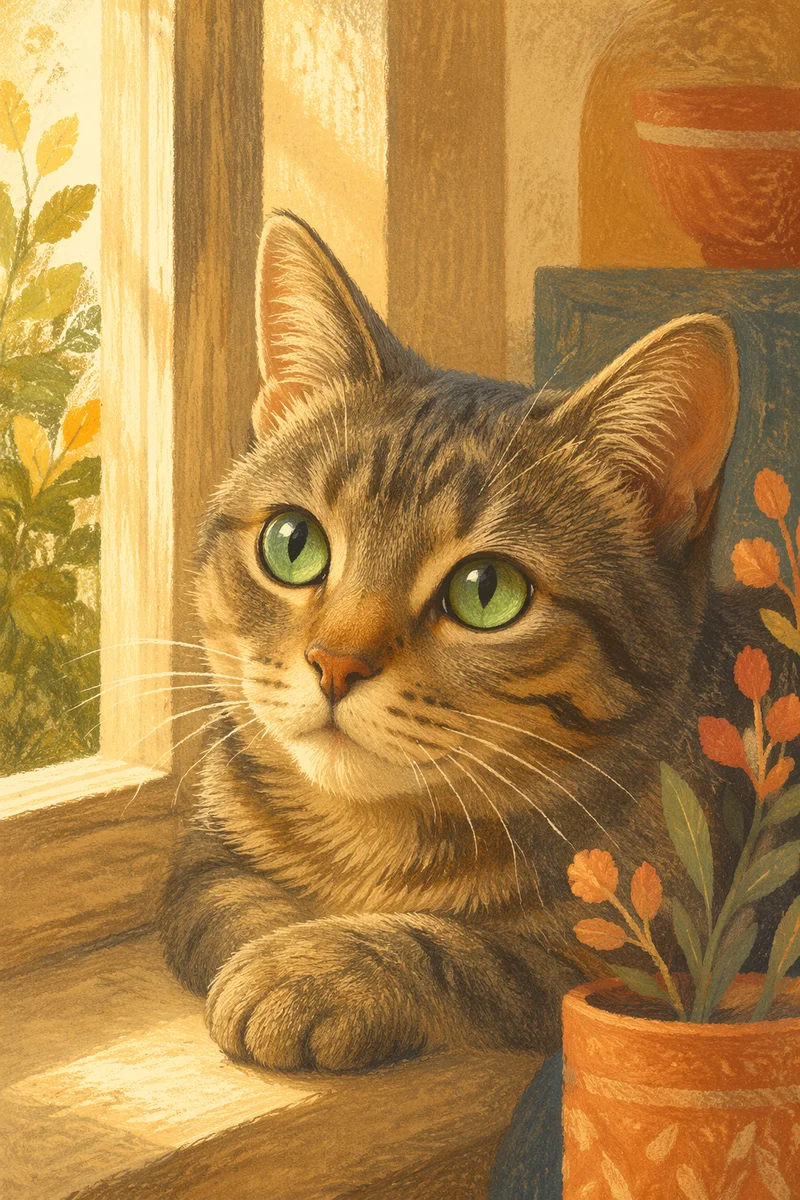 Sunlit Tabby Cat with Green Eyes