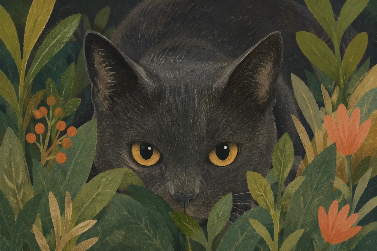 Charcoal Cat with Amber Eyes in Garden