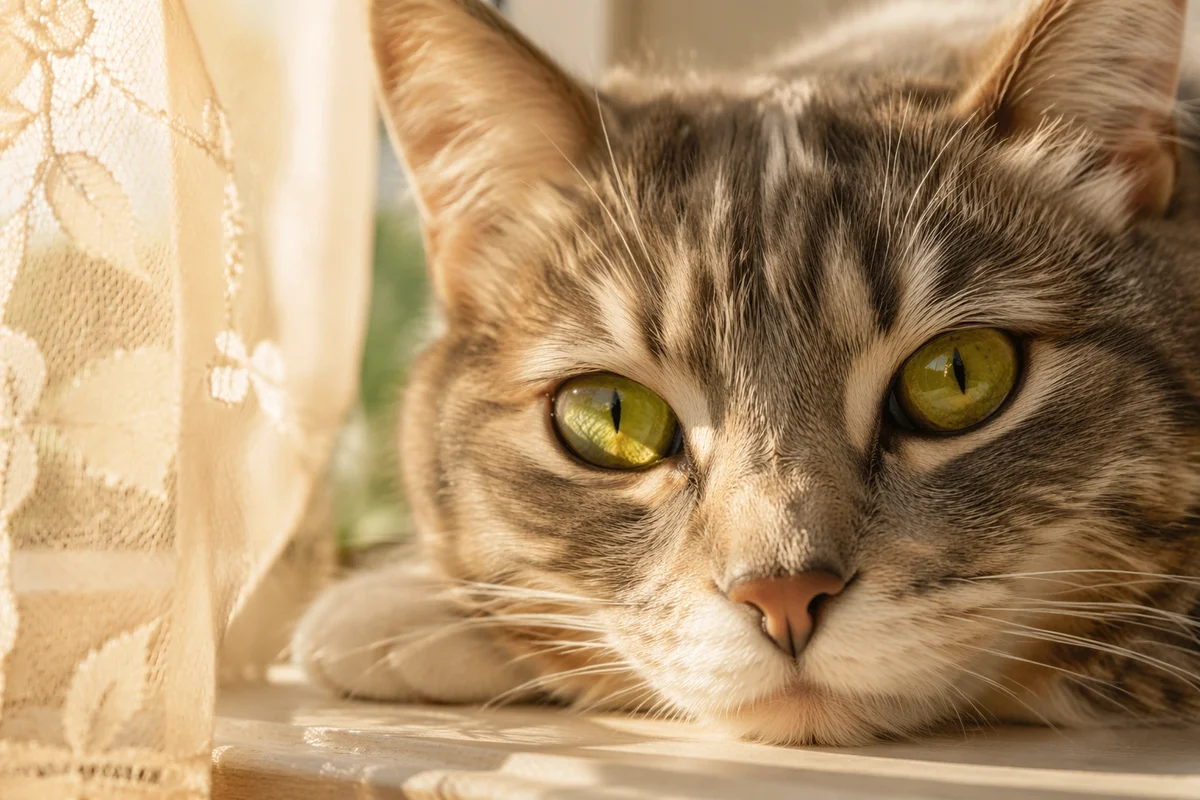 Sunlit Cat Portrait with Luminous Green Eyes