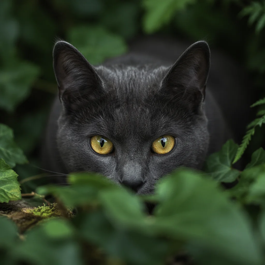 Amber Eyed Gray Cat in Garden