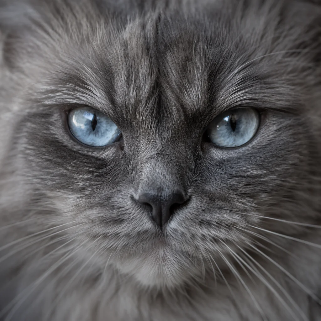 Gray Cat Close-Up with Icy Blue Eyes