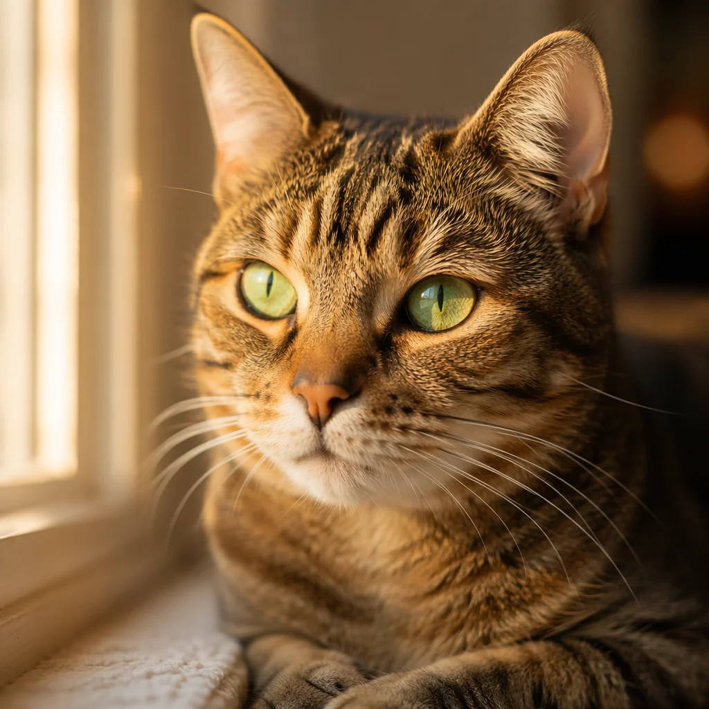 Sunlit Tabby Cat with Green Eyes