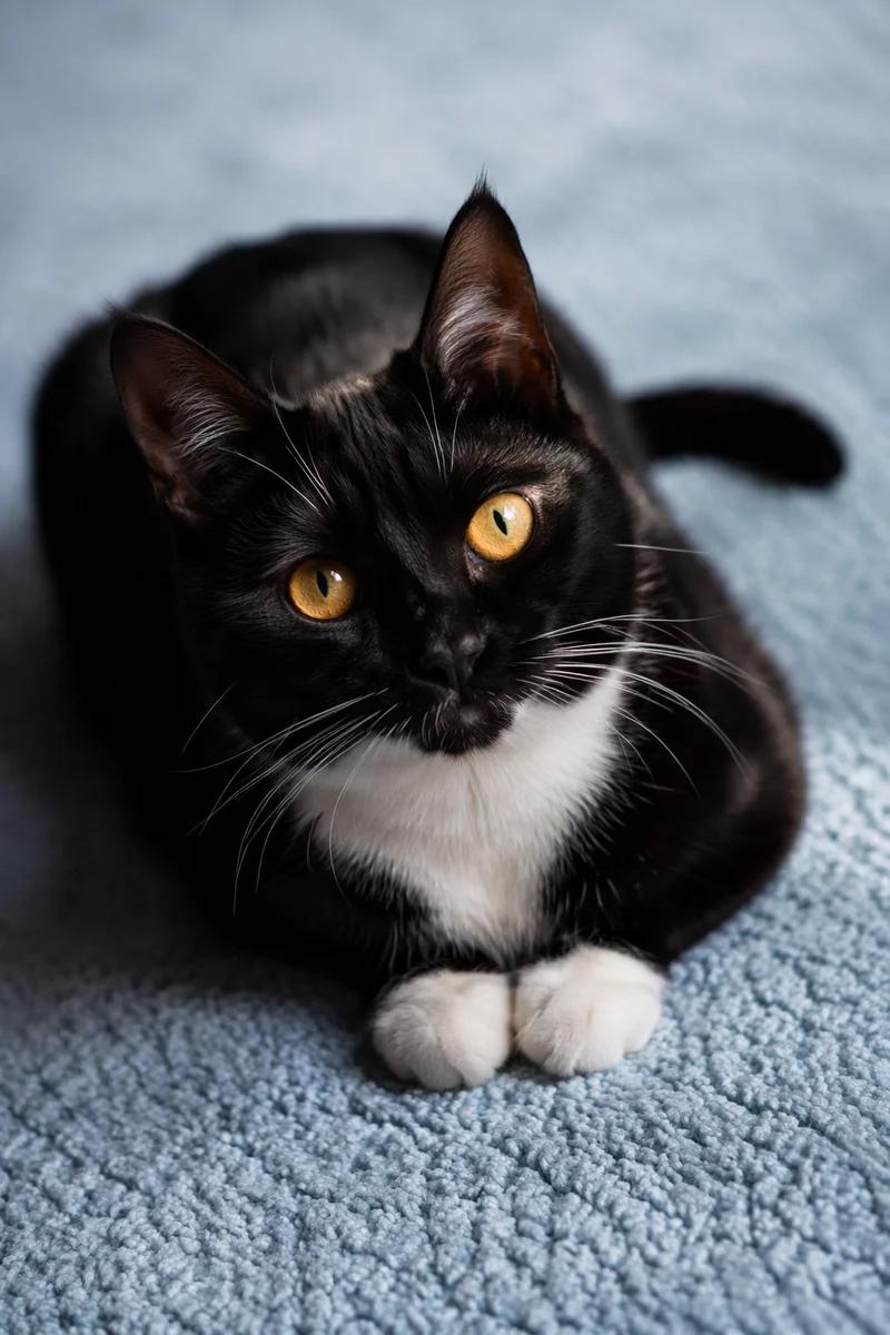Close-Up Tuxedo Cat with Amber Eyes