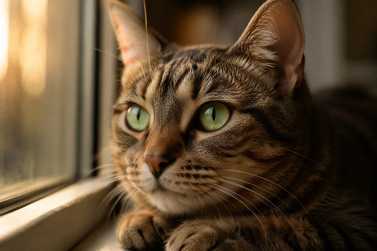Sunlit Tabby Cat With Luminous Green Eyes