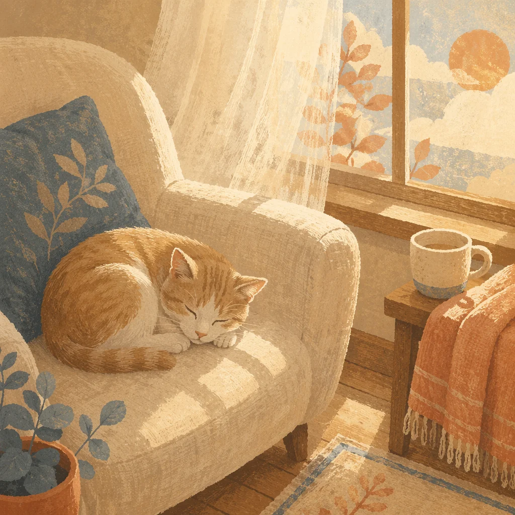 Sleepy Cat in Sunlit Cozy Corner