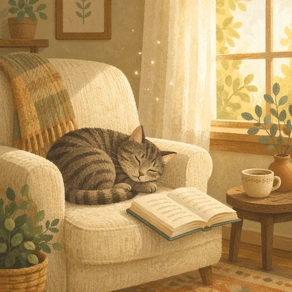Sleeping Tabby Cat in Sunlit Cozy Nook