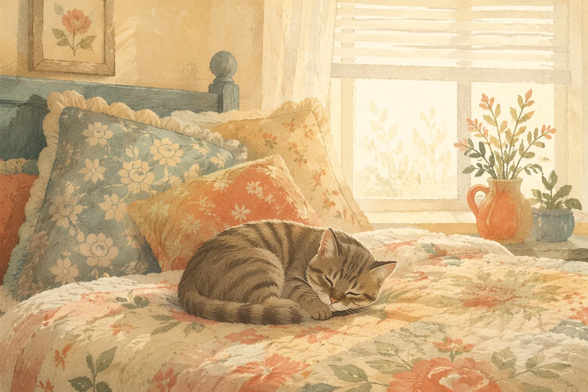 Sleeping Tabby Cat in Sunlit Cozy Bedroom