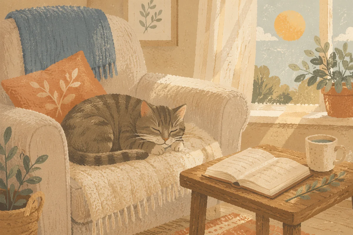 Sleeping Tabby Cat in Sunlit Cozy Home
