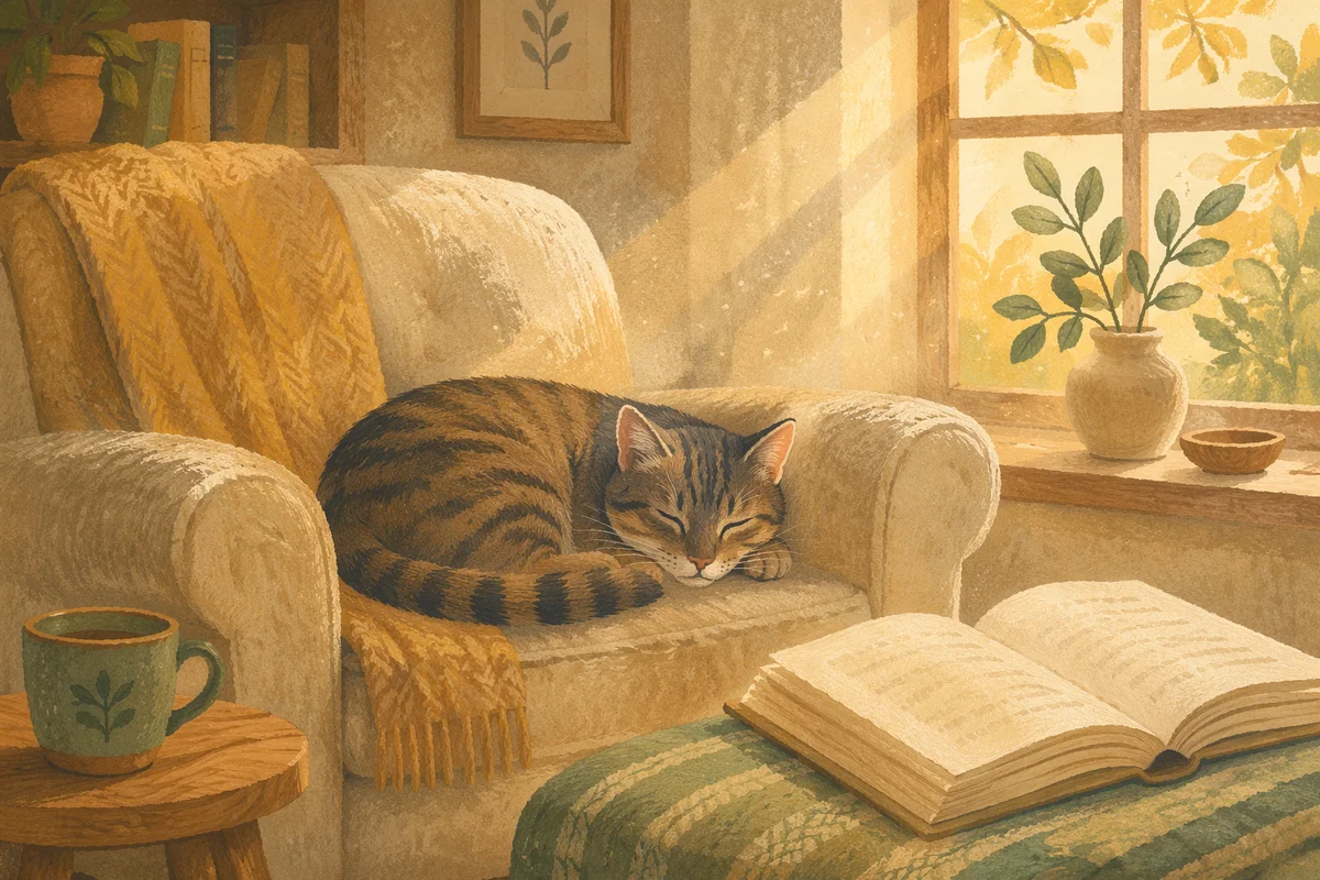 Sleeping Tabby Cat in Sunlit Reading Nook