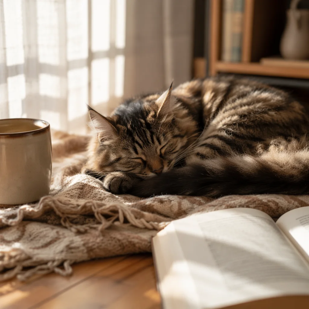 Cozy Tabby Cat Sleeping in Sunlight