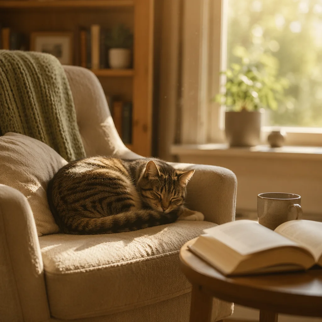 Sleeping Tabby Cat in Sunlit Cozy Nook