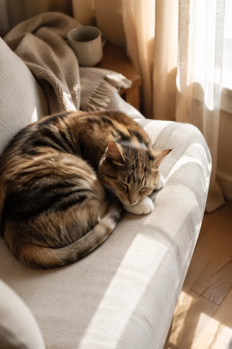 Sleepy Cat in Sunlit Cozy Corner