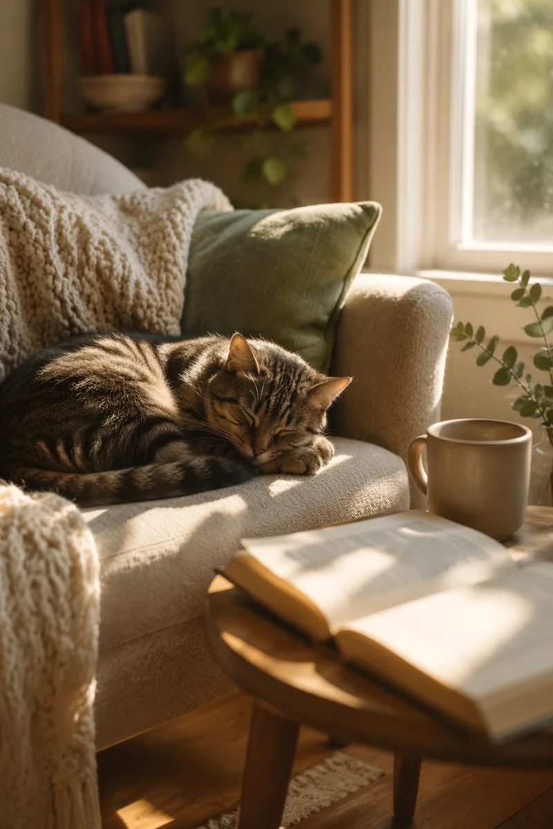 Sleeping Tabby Cat in Sunlit Cozy Home