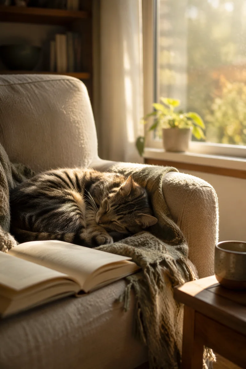 Sleeping Tabby Cat in Sunlit Reading Nook