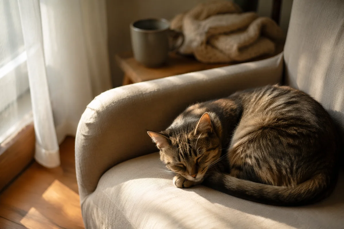 Sleepy Cat in Sunlit Cozy Home