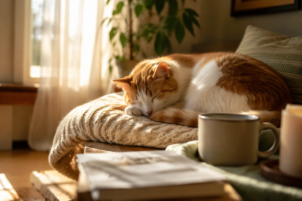 Sleeping Cat in Sunlit Cozy Home
