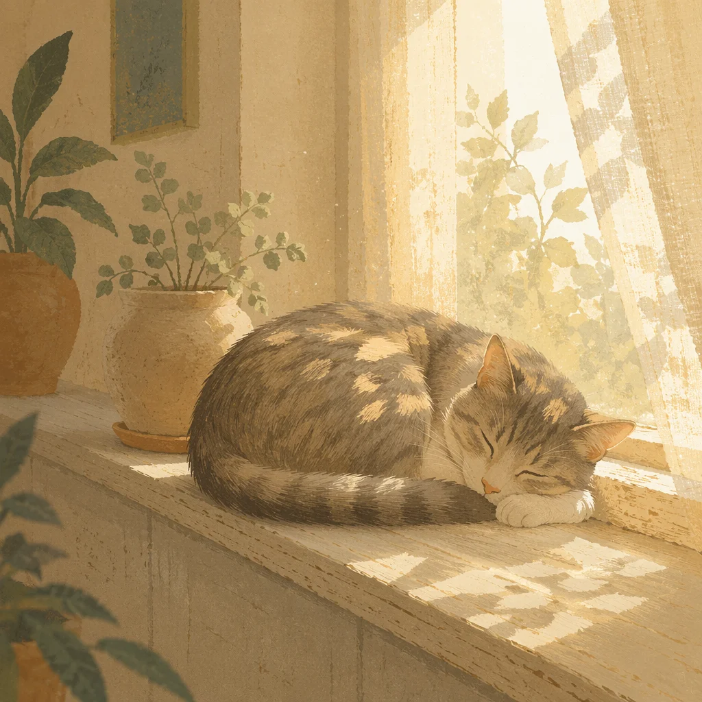 Sleeping Cat in Warm Window Sunlight