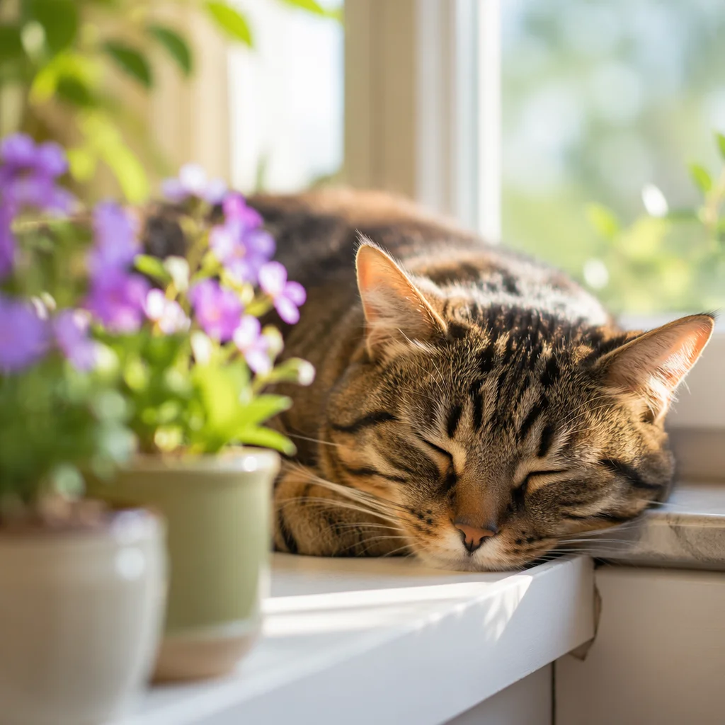 Peaceful Tabby Cat in Morning Sunlight