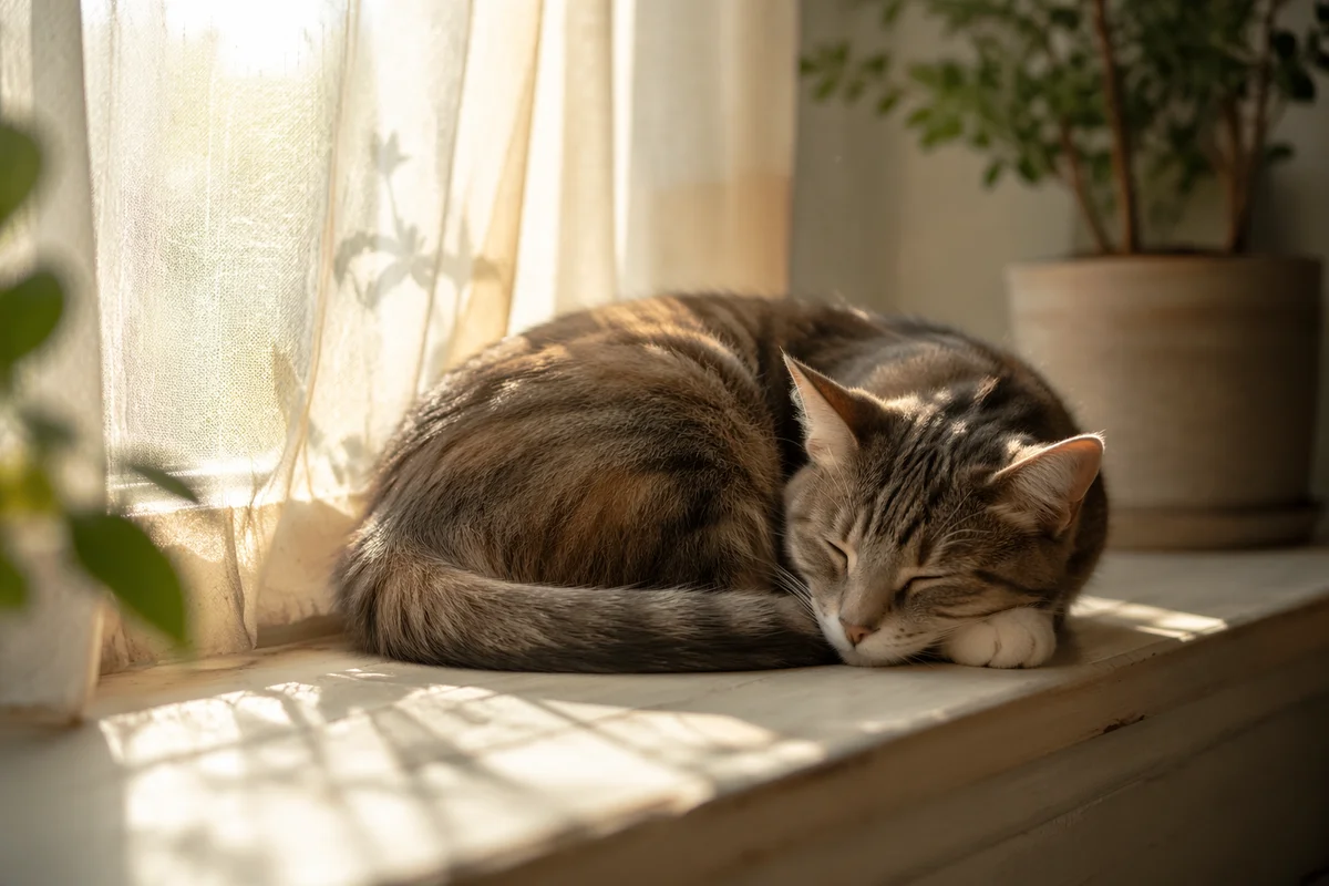 Sleeping Cat on Sunlit Windowsill